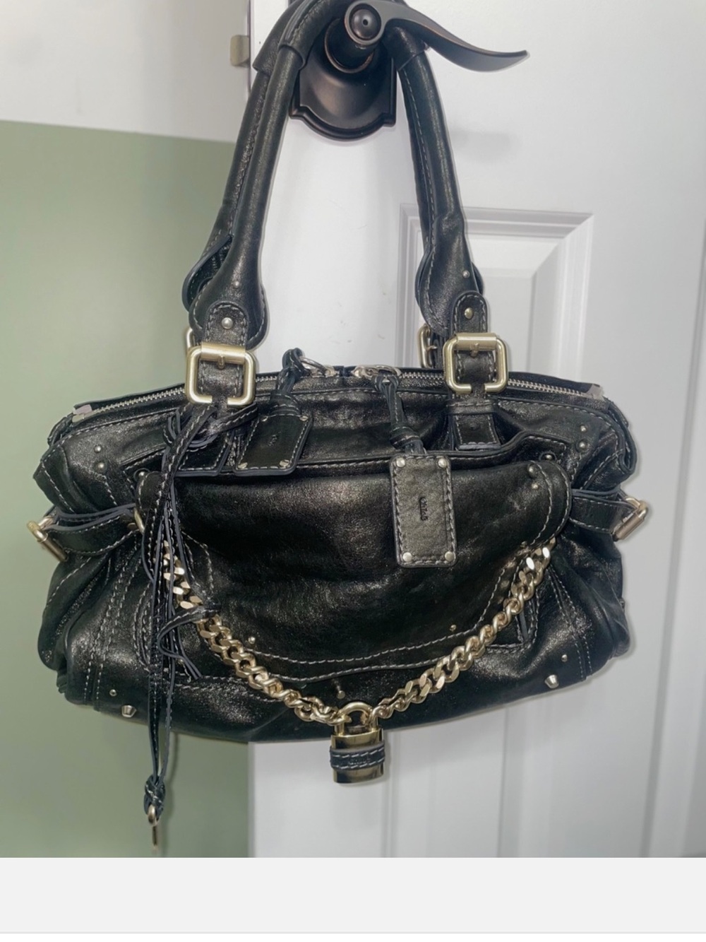 Chloe paddington Black Leather Satchel Handbag with Chain Accent